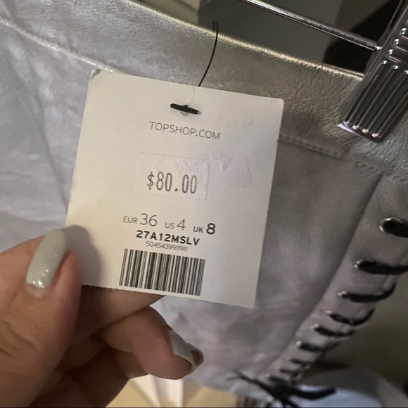 NWT TOPSHOP Silver Metallic Lace Up Mini Skirt - Picture 4 of 7